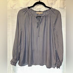 LOFT Womens Size M Long Sleeve Blouse Blue White Striped Ruffle Collar Preppy